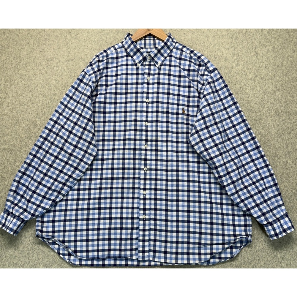 Ralph Lauren Mens Button Down Shirt Blue White Plaid Long Sleeve Pony Logo 2XB